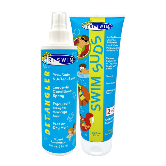 TRISWIM Kids Swim Care Bundle | Swim Suds 2-in-1 Shampoo & Body Wash 8.5 oz + Detangler Leave-In Conditioner Spray 8 oz | Tear-Free Chlorine