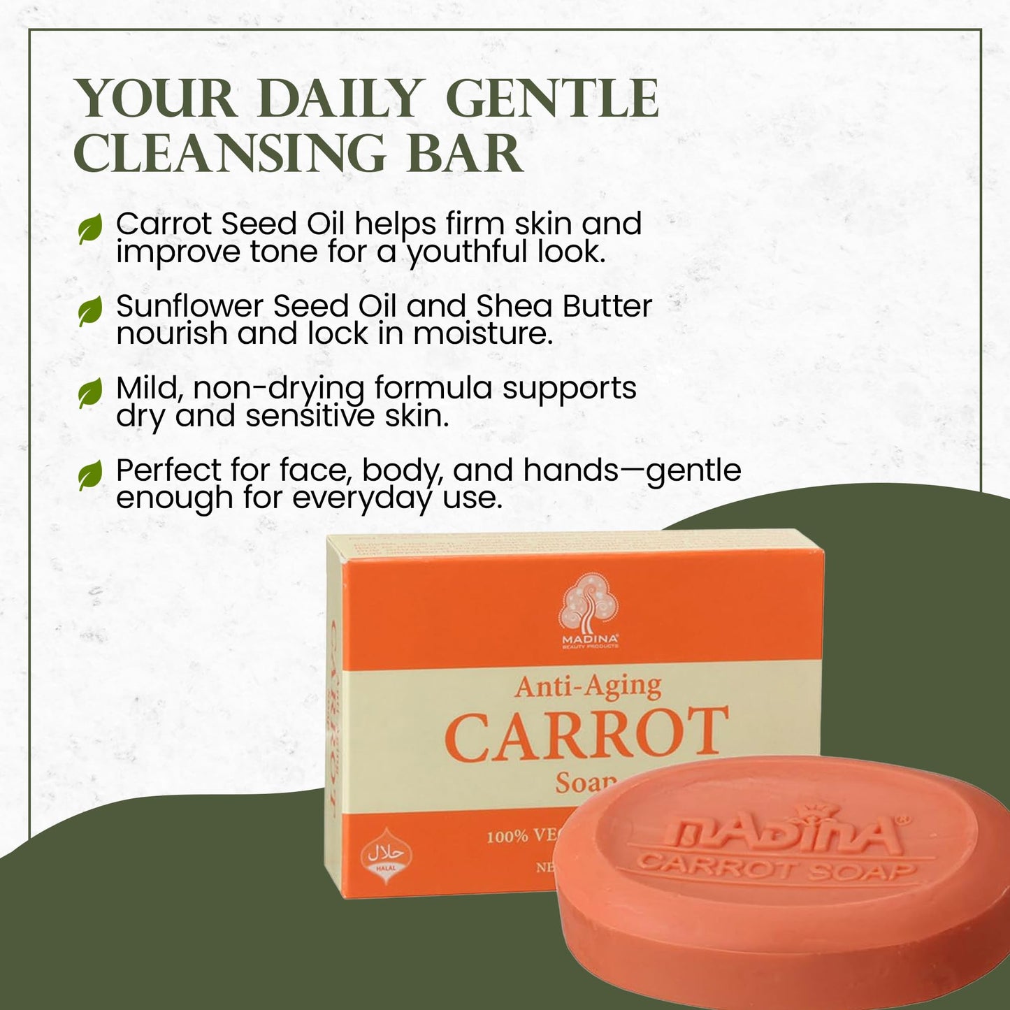 Madina Carrot Soap Bar - Carrot Seed Oil & Shea Butter, Moisturizing, Anti-Aging, Skin Tone & Elasticity, Vegetable-Based, Halal, Gentle Cleanser, 6