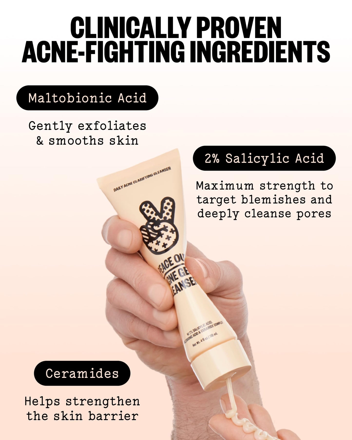 PEACE OUT Acne Gel Cleanser, With 2% Salicylic Acid for Breakouts, Blemishes & Blackheads, Daily Face Wash with Ceramides to Unclog Pores, Support