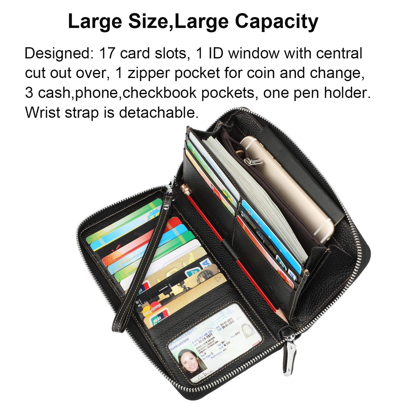 Lavemi Women's RFID Blocking 100% Leather Large Capacity Zip Around Wallet Phone Holder Clutch Travel Purse Wristlet(Large Size Pebble Black)