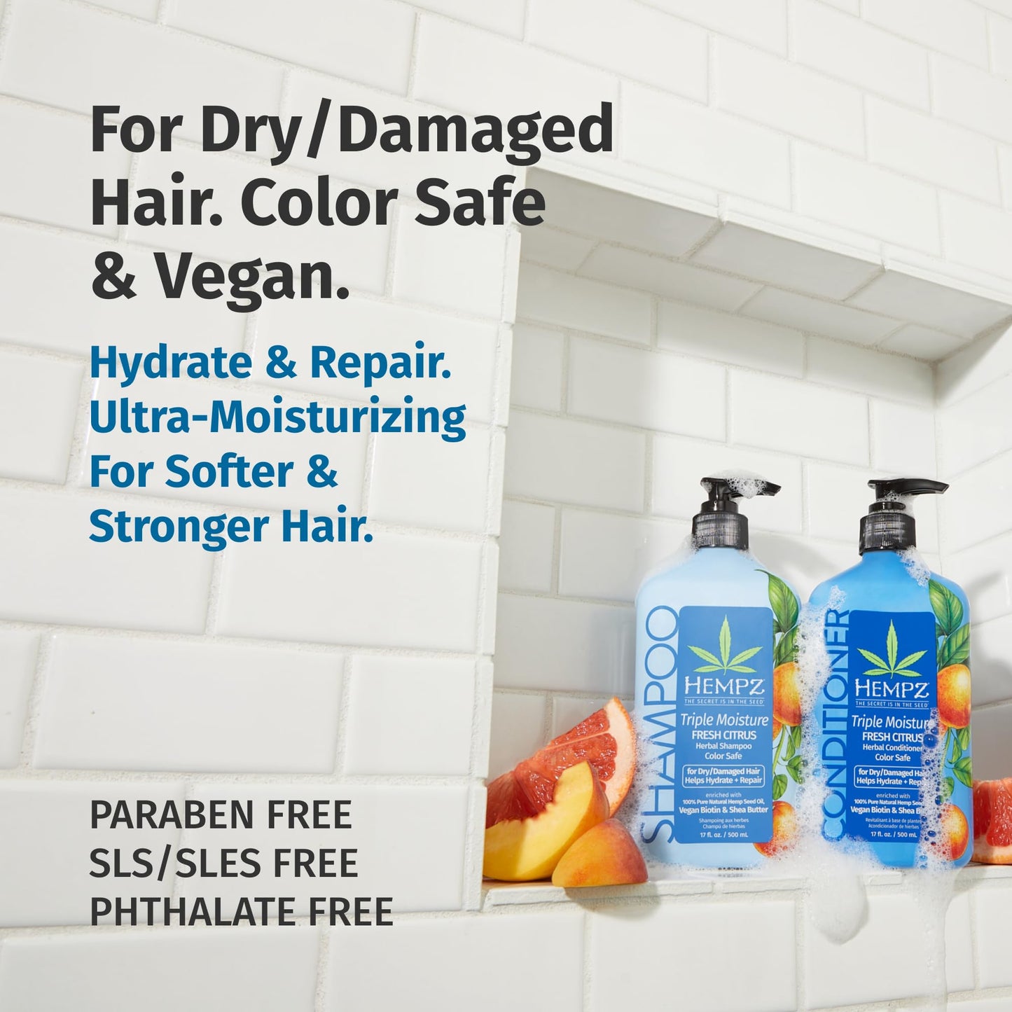 HEMPZ Hair Shampoo & Conditioner Set - Grapefruit & Peach Scent for Dry, Damaged and Color Treated Hair, Hydrating, Softening, Moisturizing