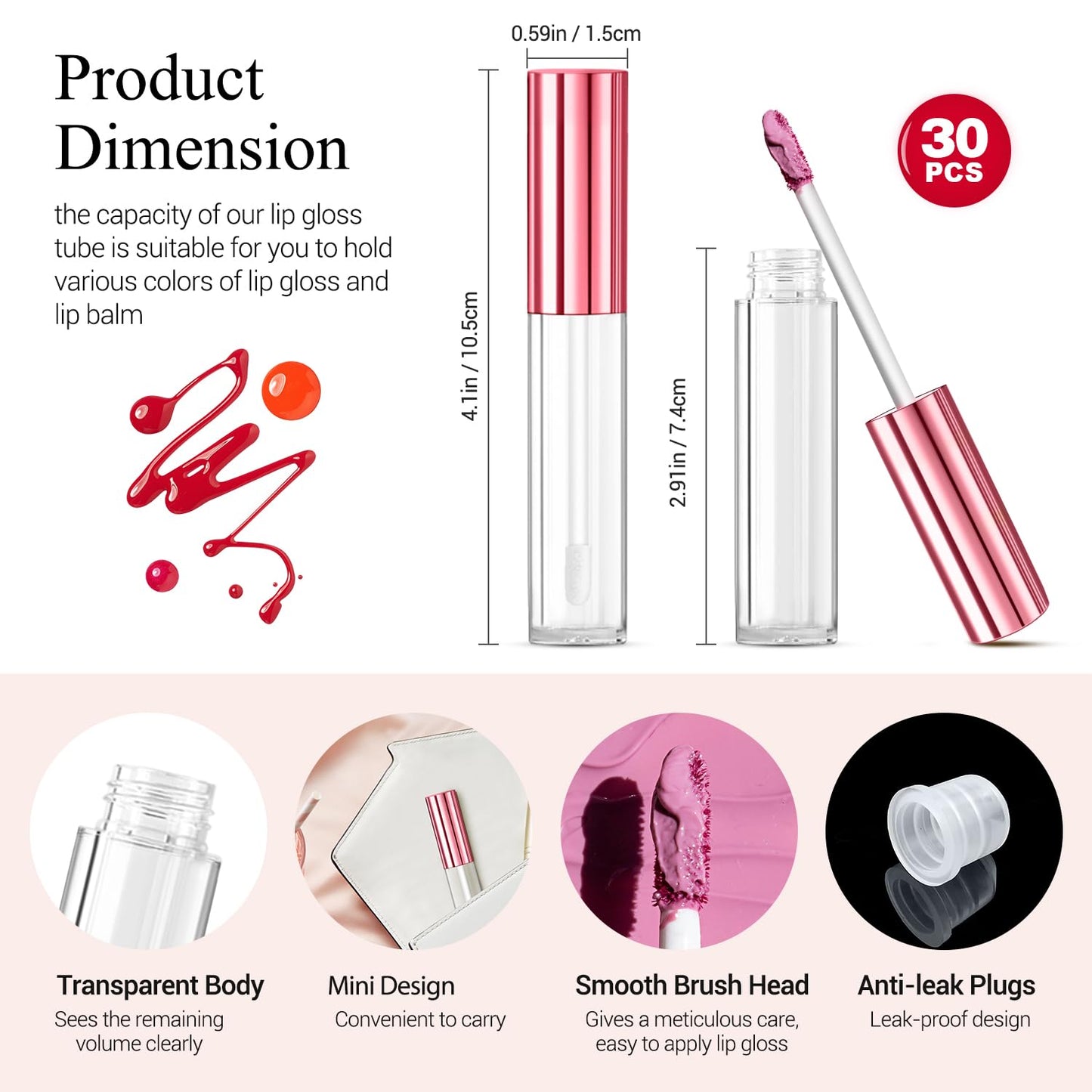 KPX 30 Pcs lip Gloss Tube Containers Bulk Wand 10ml Empty Clear Pink Lip Oil Tubes Refillable Lip Balm Bottles with Rubber Insert for DIY Makeup Such