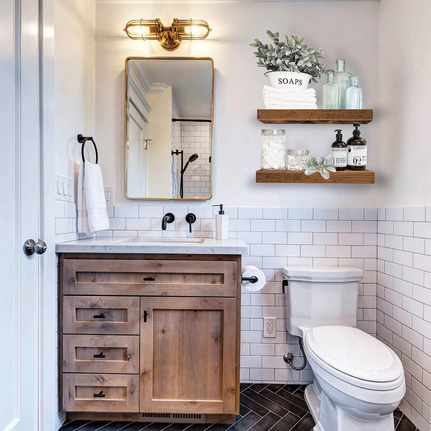QEEIG Bathroom Floating Shelves, Wall Mounted Over Toilet Farmhouse Decor, Small 16-Inch Set of 2, Rustic Brown