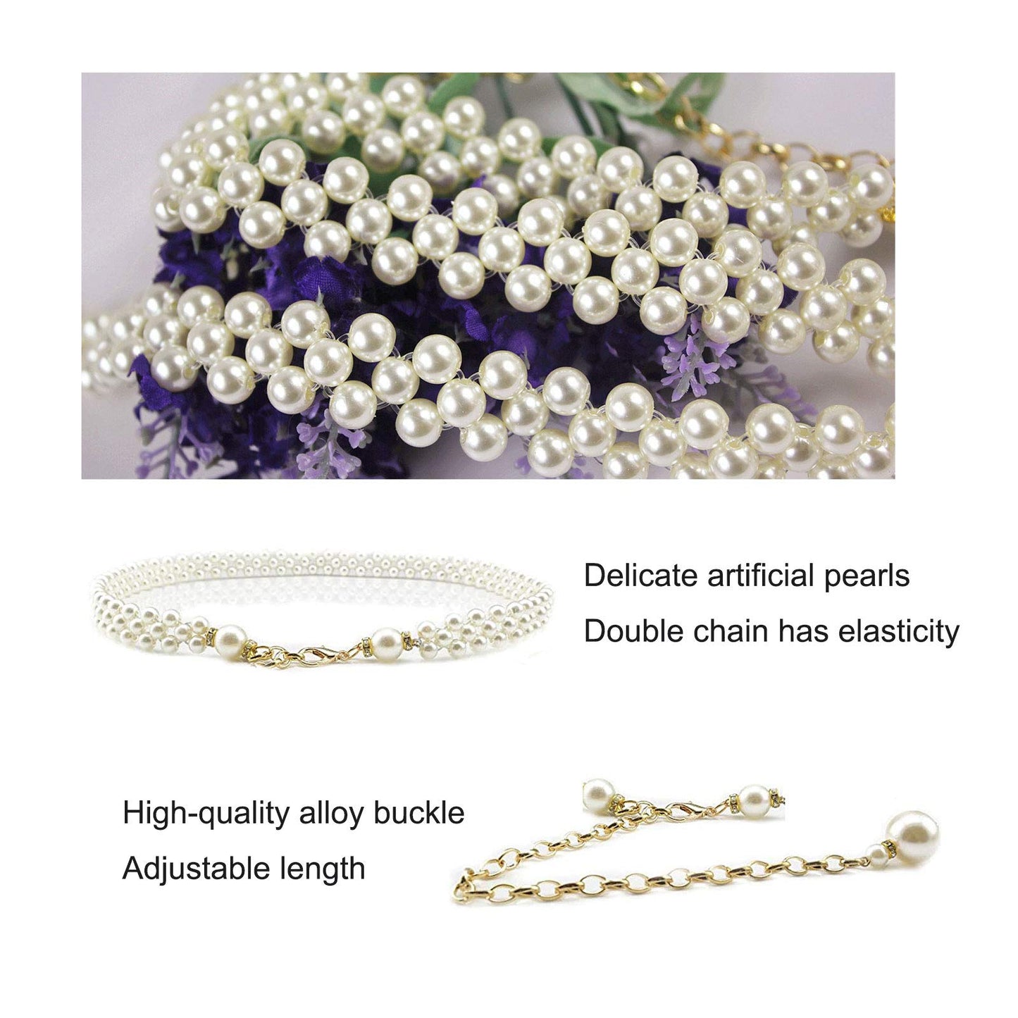 Ya Jin Women's Fashion Pearl Decorative Metal Waist Chain, White, Size 100cm