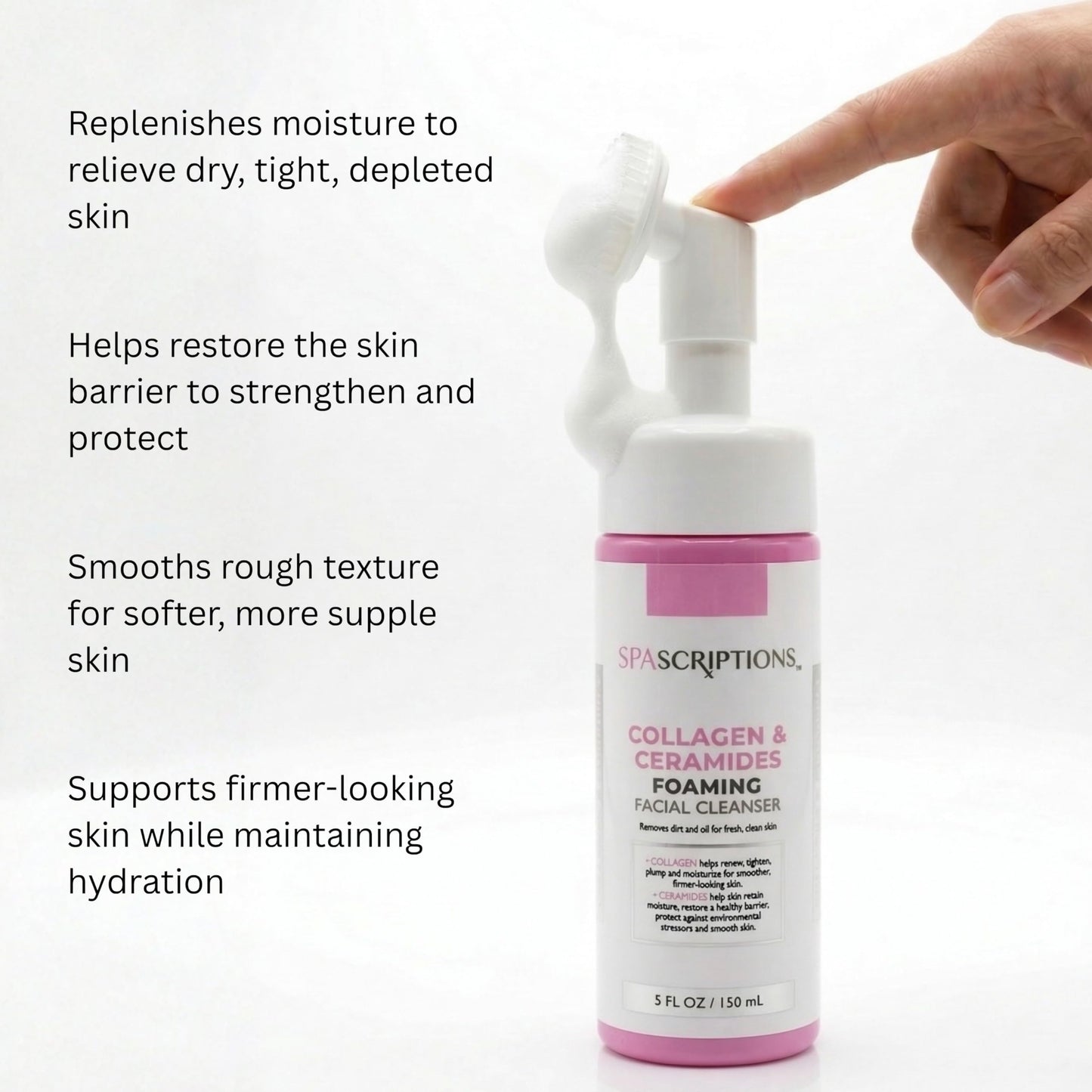 SpaScriptions 2 in 1 Cleanse & Exfoliate Foaming Facial Cleanser - Collagen & Ceramides Face Wash with Silicone Brush for Dry Skin with Barrier