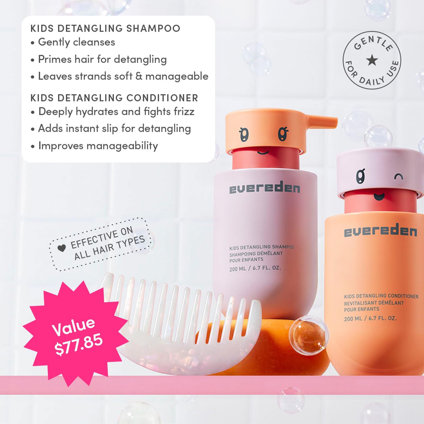 Evereden Happy Hair Duo for Kids: Vegan Shampoo and Conditioner Set with Detangler Brush - Strengthens & Smooths All Hair Types