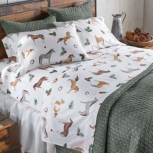 Rods - Holly Horses (Sheet Set) - Cozy Winter Horse - Brown Tan Grey Red Green White - 4-Piece King Sheet Set - Top Sheet (112x102)-Fitted Sheet