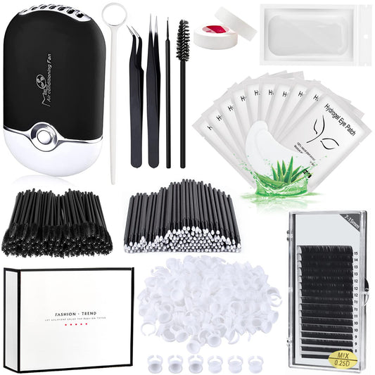 Eyelash Extension Supplies Kit with Individual Lash 0.07D Curl Mix 7-15mm USB Lash Fan Dryer Gel Patch Silicone Holder Pad Tweezers Mirror Disposable