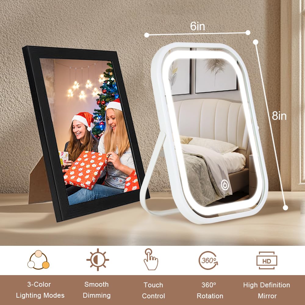 YEKKOPT Travel Makeup Mirror with Lights, Portable Small Beauty LED Vanity Mirror with Lights, 1200mAh Battery, Dimmable Touch Screen, Tabletop Beauty and Personal Care YEKKOPT