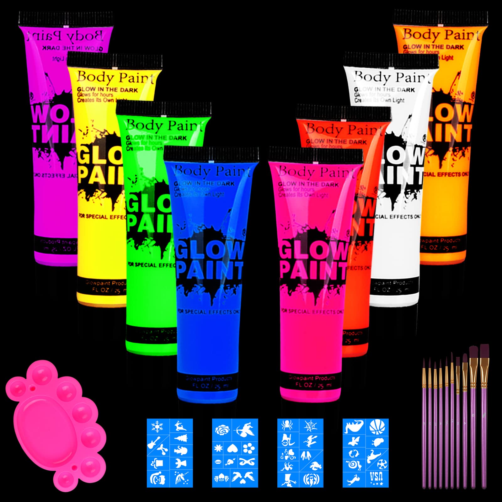 Lookmee Blacklight Neon Face and Body Paint , 0.84oz Set of 8 Tubes ...