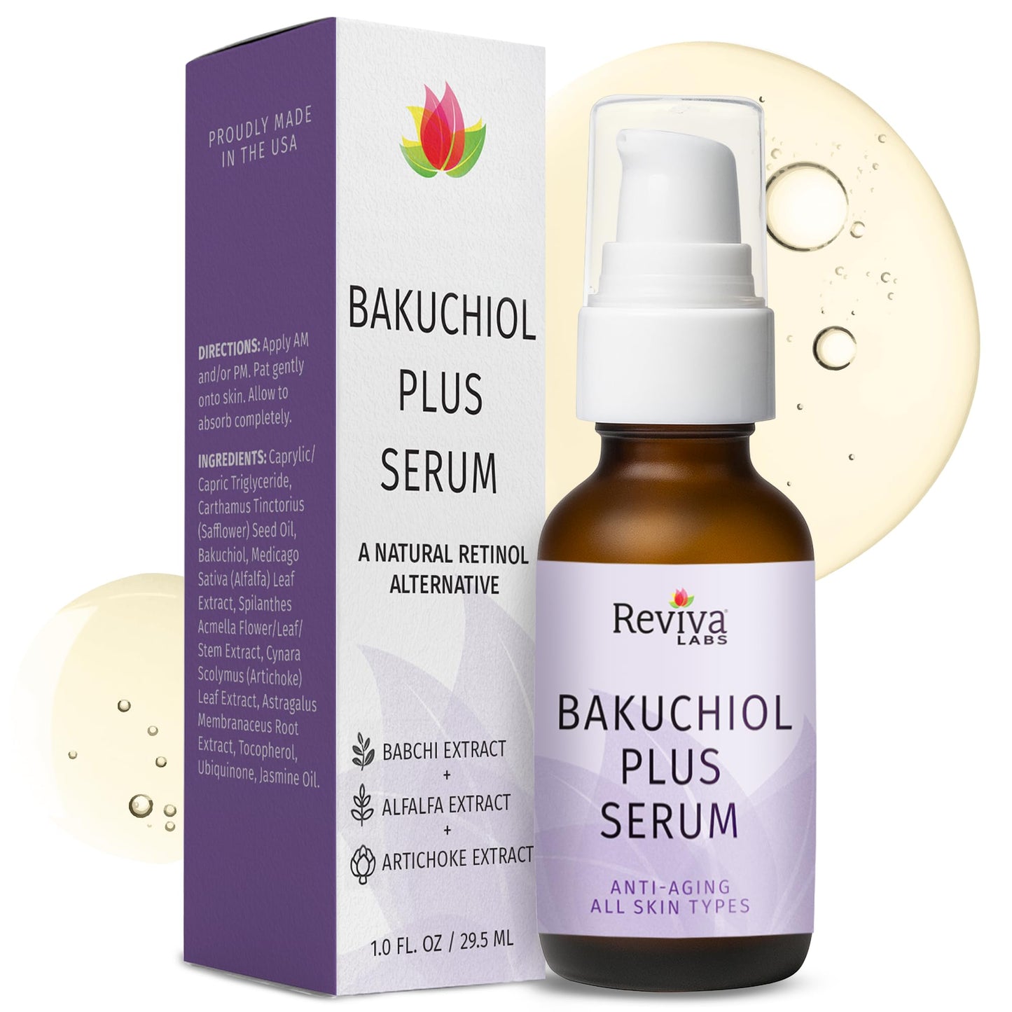 Reviva Labs Bakuchiol Serum - Natural Retinol Alternative Serum for Face with Alfalfa & Artichoke Extract - Hydrating Vegan Formula for Smoother
