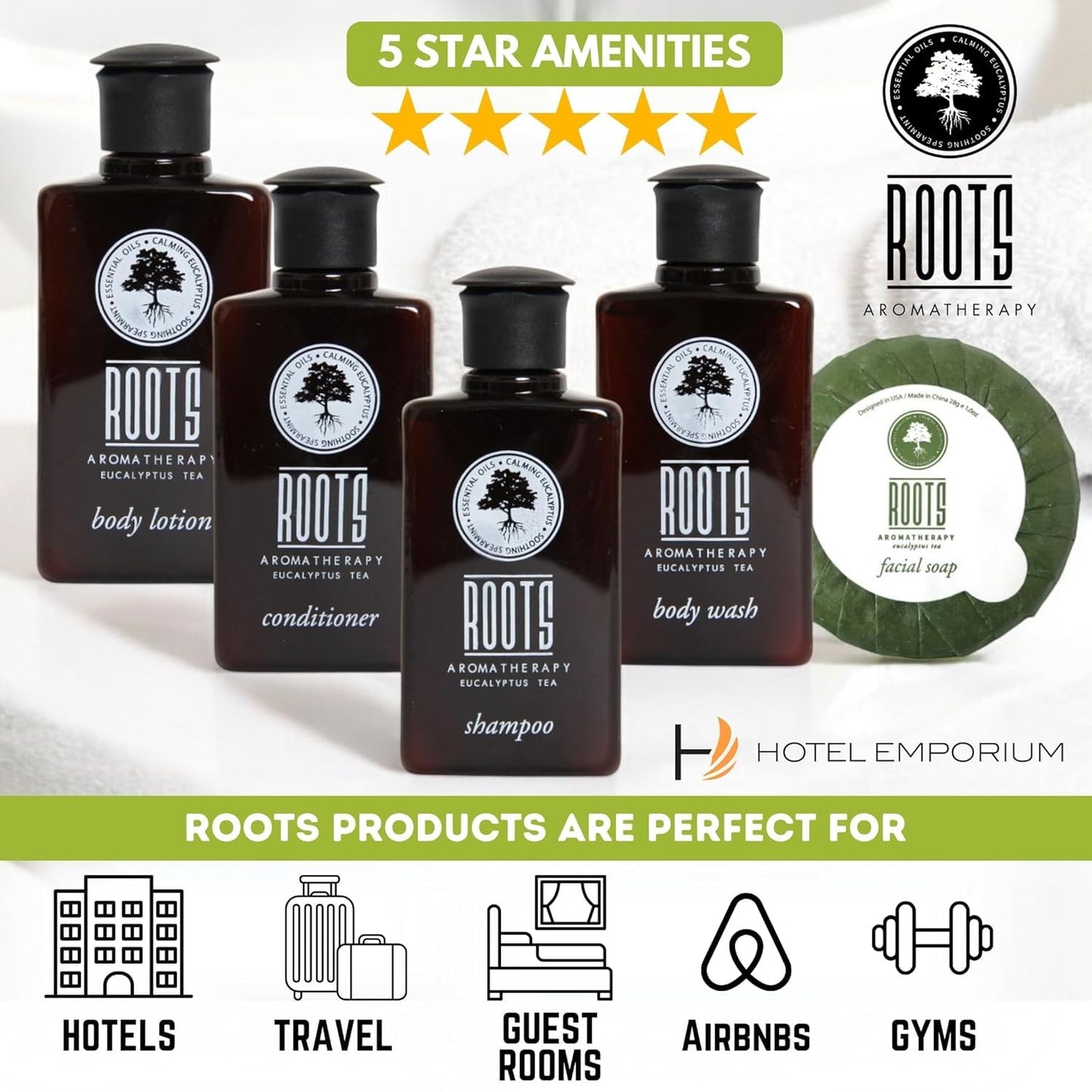 ROOTS AROMATHERAPY 150 Piece Airbnb Essentials for Hosts,Hotel Shampoo & Conditioner Supplies for Guests, Body Wash Lotion & Soap, Travel Size