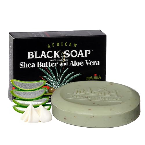 Madina African Black Soap Bar - Shea Butter, Aloe Vera, Moisturizing, Gentle Exfoliating, 100% Vegetable-Based, For All Skin Types, Face & Body