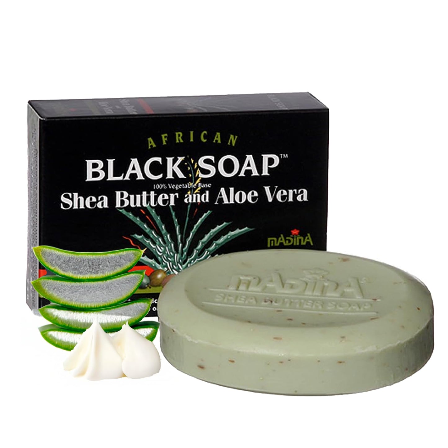 Madina African Black Soap Bar - Shea Butter, Aloe Vera, Moisturizing, Gentle Exfoliating, 100% Vegetable-Based, For All Skin Types, Face & Body