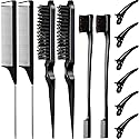 Remerry Hair Brush Set, 12 Pieces Nylon Brushes Including 3 Row Salon Teasing Brushes, Double Sided Edge Brush, Rat Tail Combs, Duckbill Clips