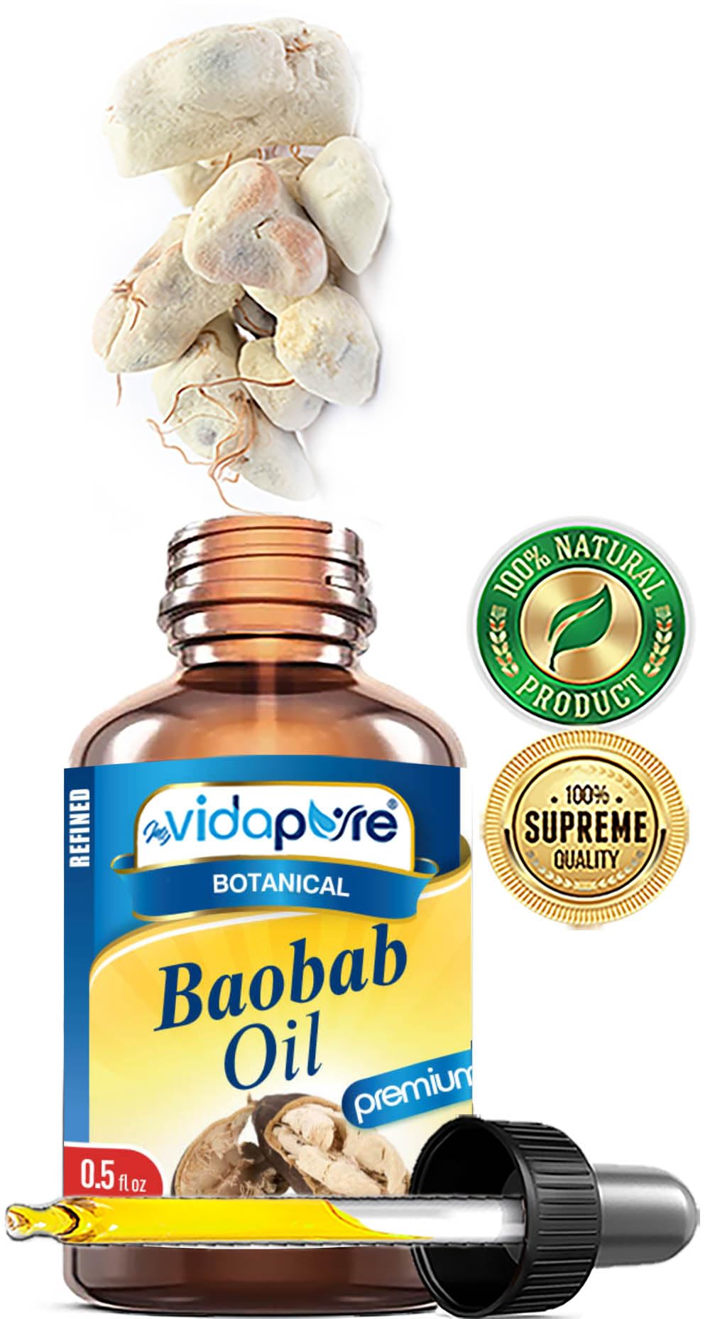 MYVIDAPURE 100% Pure BAOBAB OIL WILD GROWTH RAW for Skin, Hair, Lip and Nail Care. (0.5 Fl Oz)