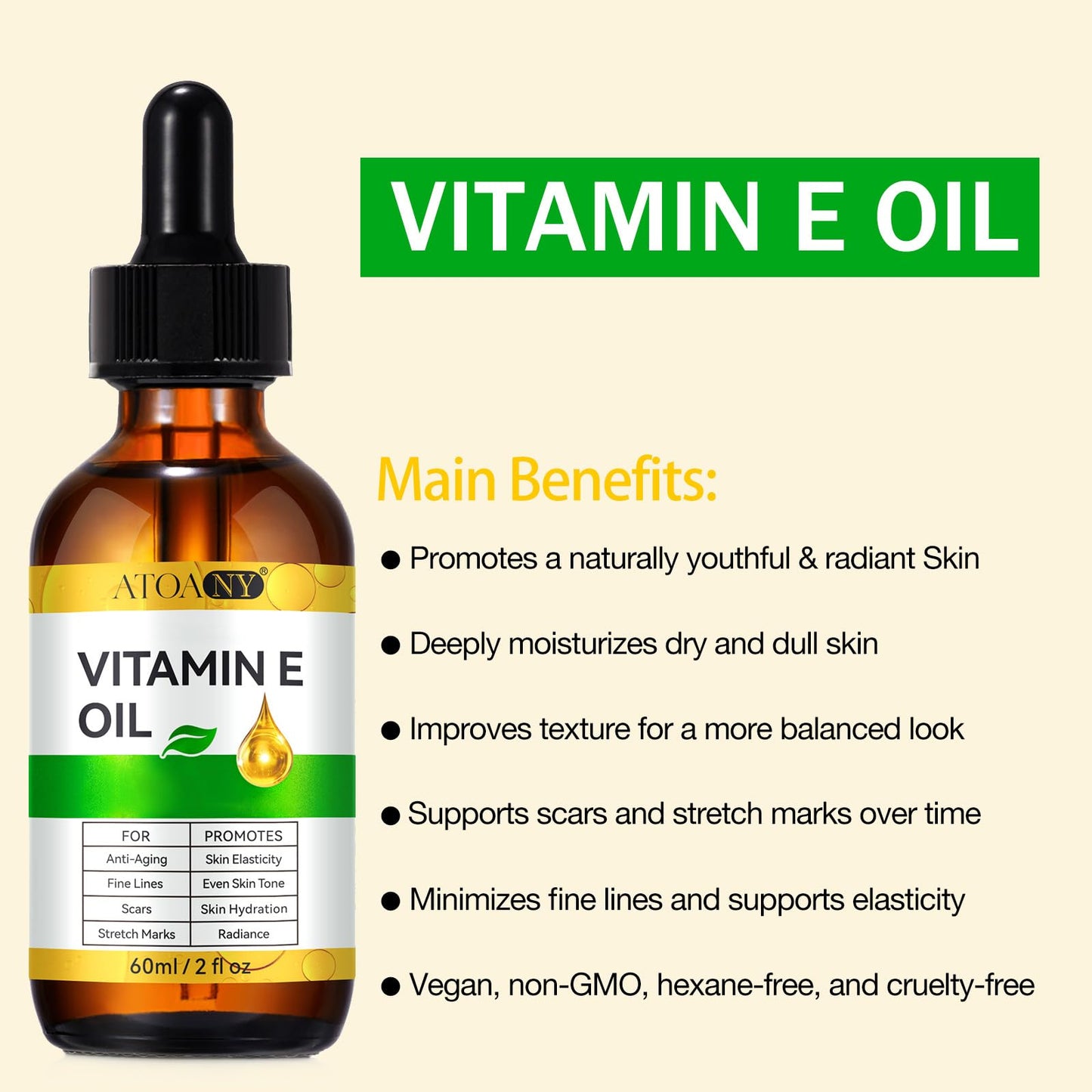 ATOANY Vitamin E Oil 2 Fl Oz - Vitamin E Oil for Skin, Face, Hair, Body - Natural Antioxidant for Dryness, Wrinkles, Scars & Stretch Marks Beauty and Personal Care ATOANY
