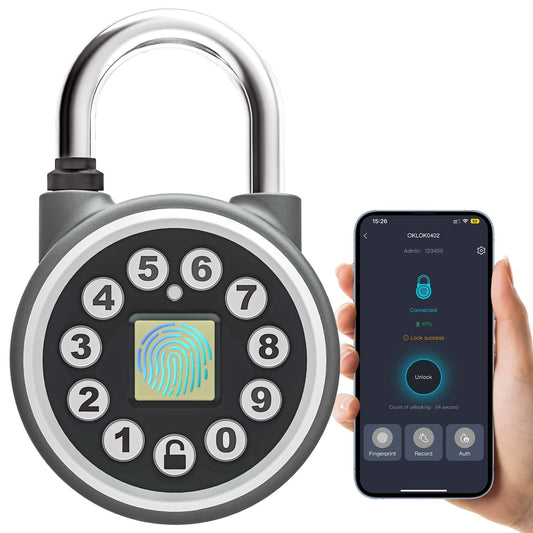 SFW Fingerprint & Bluetooth Smart Padlock – Water Resistant with Code & Mobile App, for Gyms, Bikes, Luggage, Lockers & Schools (Silver)