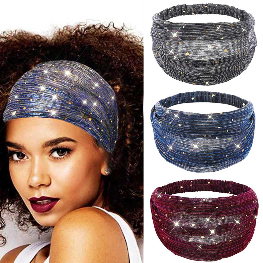 CAKURE Sequin Wide Headband Black Turban Headbands African Glitter Head Wraps Stretchy Bling Hair Wraps Hair Bands Yoga Running Sport Hair Accessories