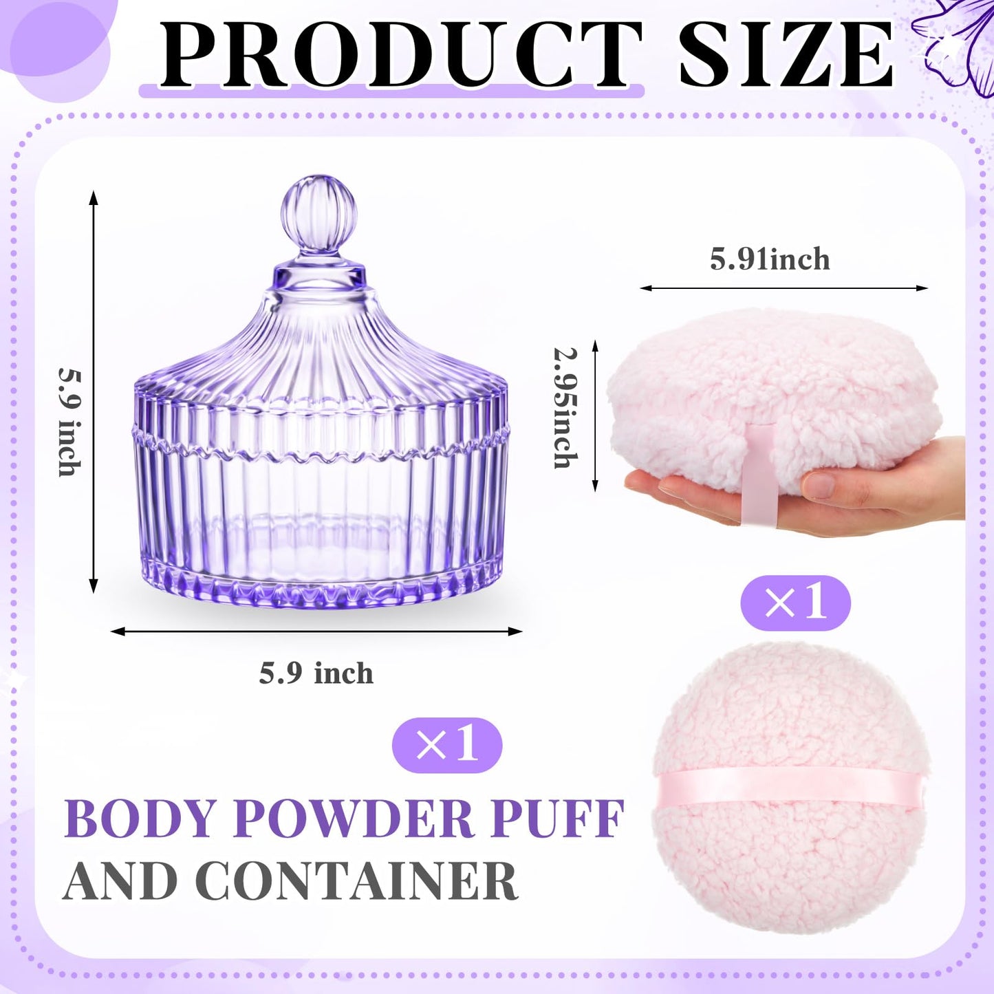 Tioncy 2 Pcs Extra Large Dusting Powder Puff and Container for Women-6'' Glass Crystal Dusting Powder Container with Body Soft Washable Reusable Beauty and Personal Care Tioncy