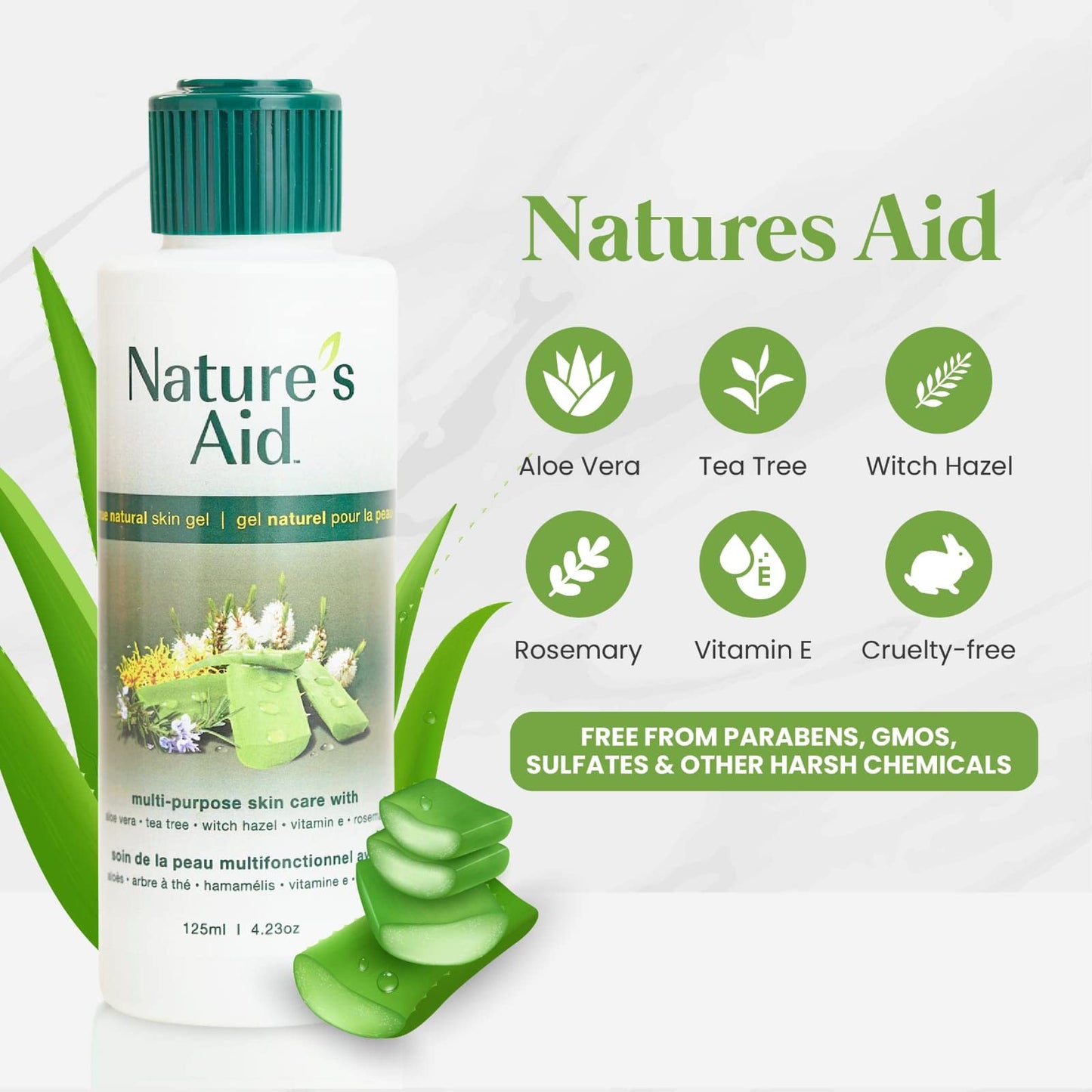 Natures Aid Original Skin Gel 125ml Award-Winning Multipurpose Formula Featuring Aloe Vera Gel Extract - 3X Factor. Works for After Sun Care, Dry