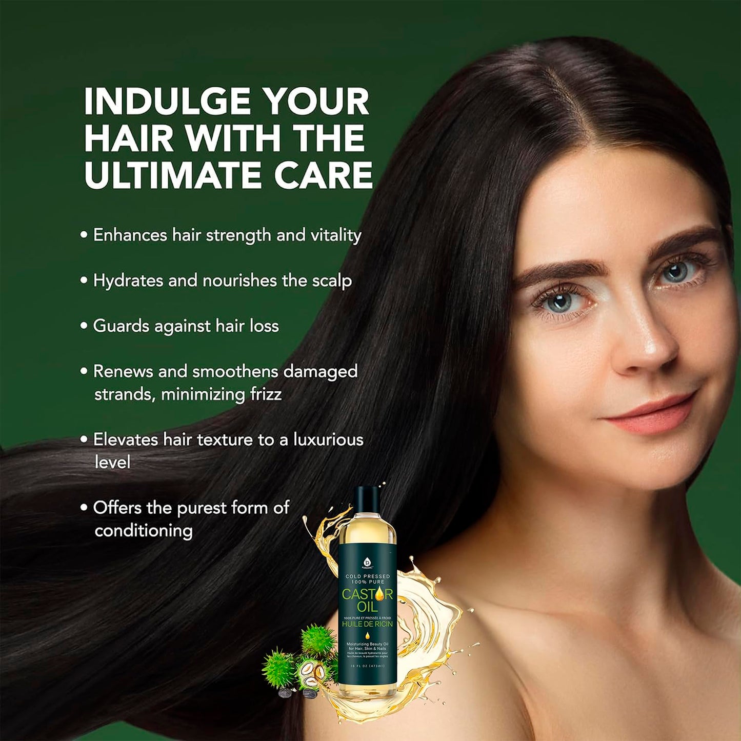 Pursonic Castor Oil (16oz) Cold-Pressed, 100% Pure, Hexane-Free Castor Oil-Moisturizing & Healing, For Dry Skin, Hair Growth - For Skin, Hair Care