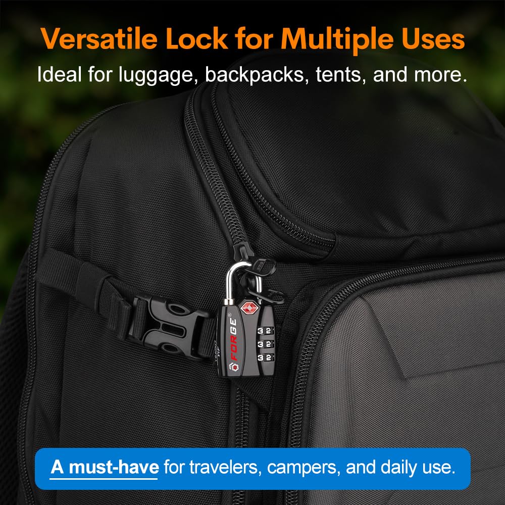 Forge TSA Luggage Combination Lock - Open Alert Indicator, Easy Read Dials, Alloy Body- Ideal for Travel, Lockers, Bags (Black 4PK)