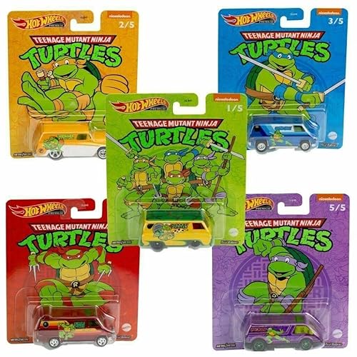 Hot Wheels 2022 Premium Pop Culture TMNT Teenage Mutant Ninja Turtles Complete Set of 5 Die‑Cast Vehicles, 1:64 Scale, DLB45-946N, Ages 3+