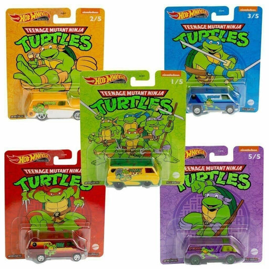 Hot Wheels 2022 Premium Pop Culture TMNT Teenage Mutant Ninja Turtles Complete Set of 5 Die‑Cast Vehicles, 1:64 Scale, DLB45-946N, Ages 3+