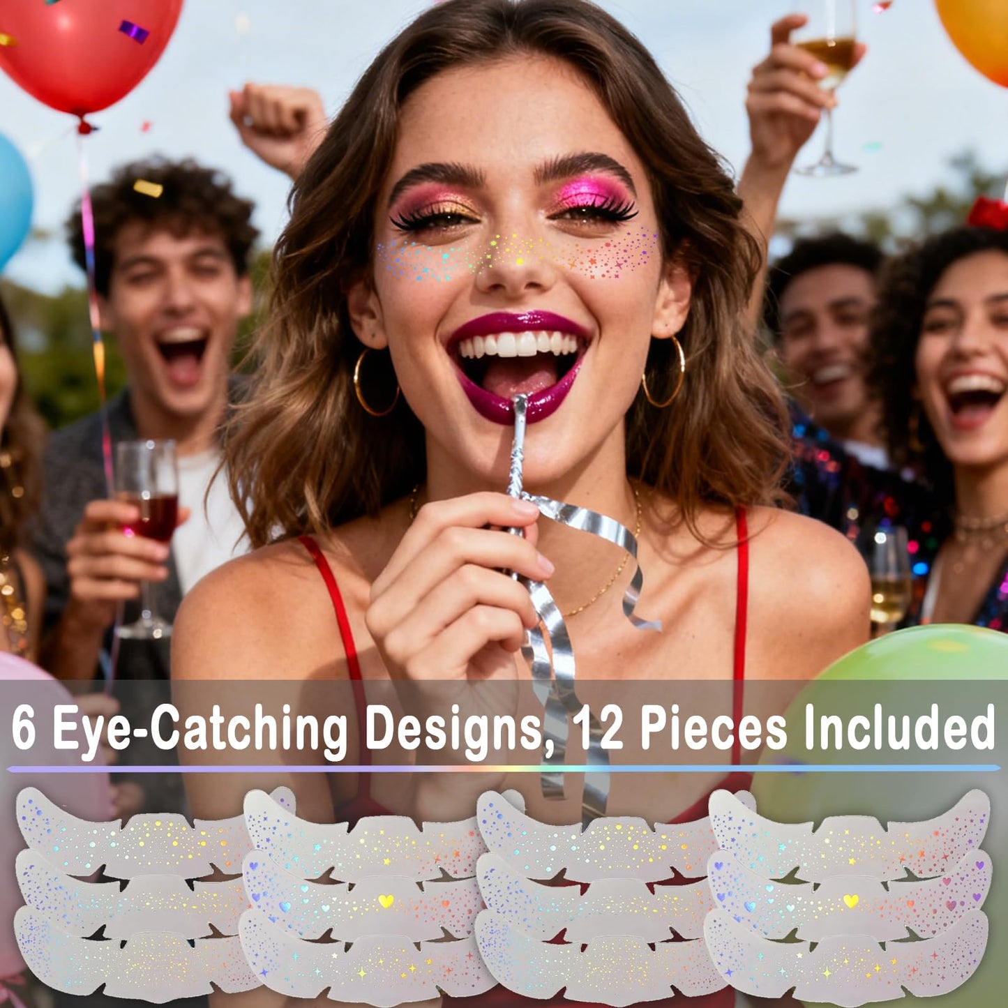 Glitter Freckles, Holographic Face and Body Glitter Tattoo Sparkle for Women Gold Glow Cosmetic Star Makeup Accessories for Festival Rave (12pcs