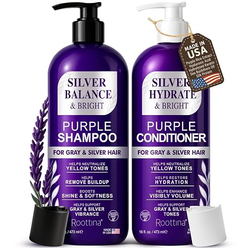 ROOTTINA Sulfate Free Brass Toning Purple Shampoo and Conditioner Set for Grey and Silver Hair, Moisturizing & Color-Safe, Enhances Shine