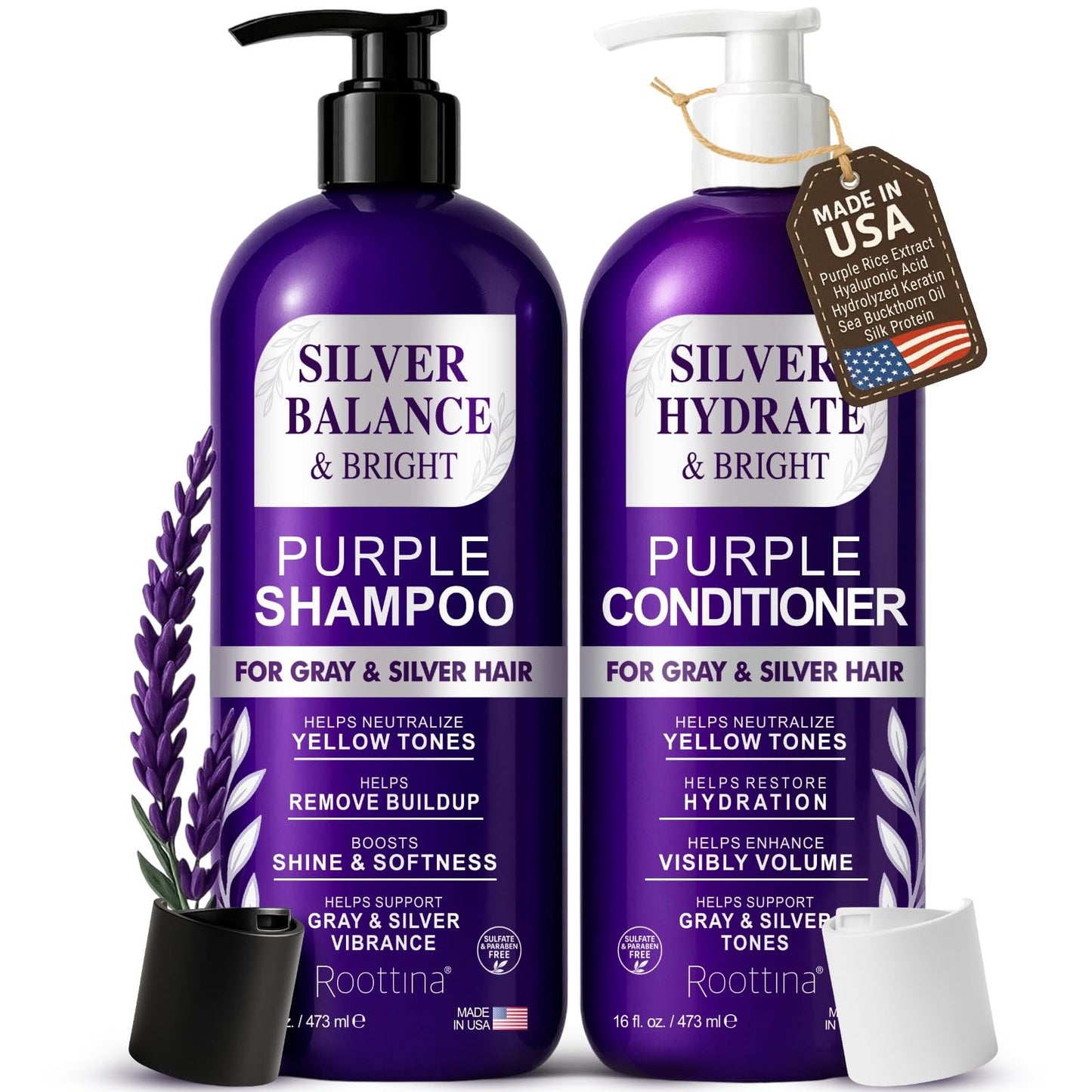 ROOTTINA Sulfate Free Brass Toning Purple Shampoo and Conditioner Set for Grey and Silver Hair, Moisturizing & Color-Safe, Enhances Shine