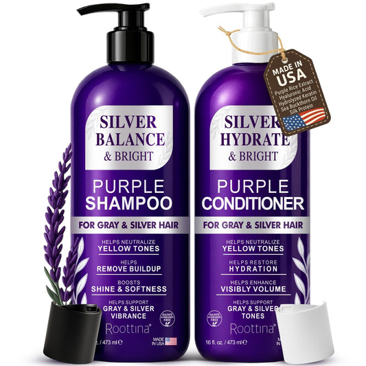 ROOTTINA Sulfate Free Brass Toning Purple Shampoo and Conditioner Set for Grey and Silver Hair, Moisturizing & Color-Safe, Enhances Shine