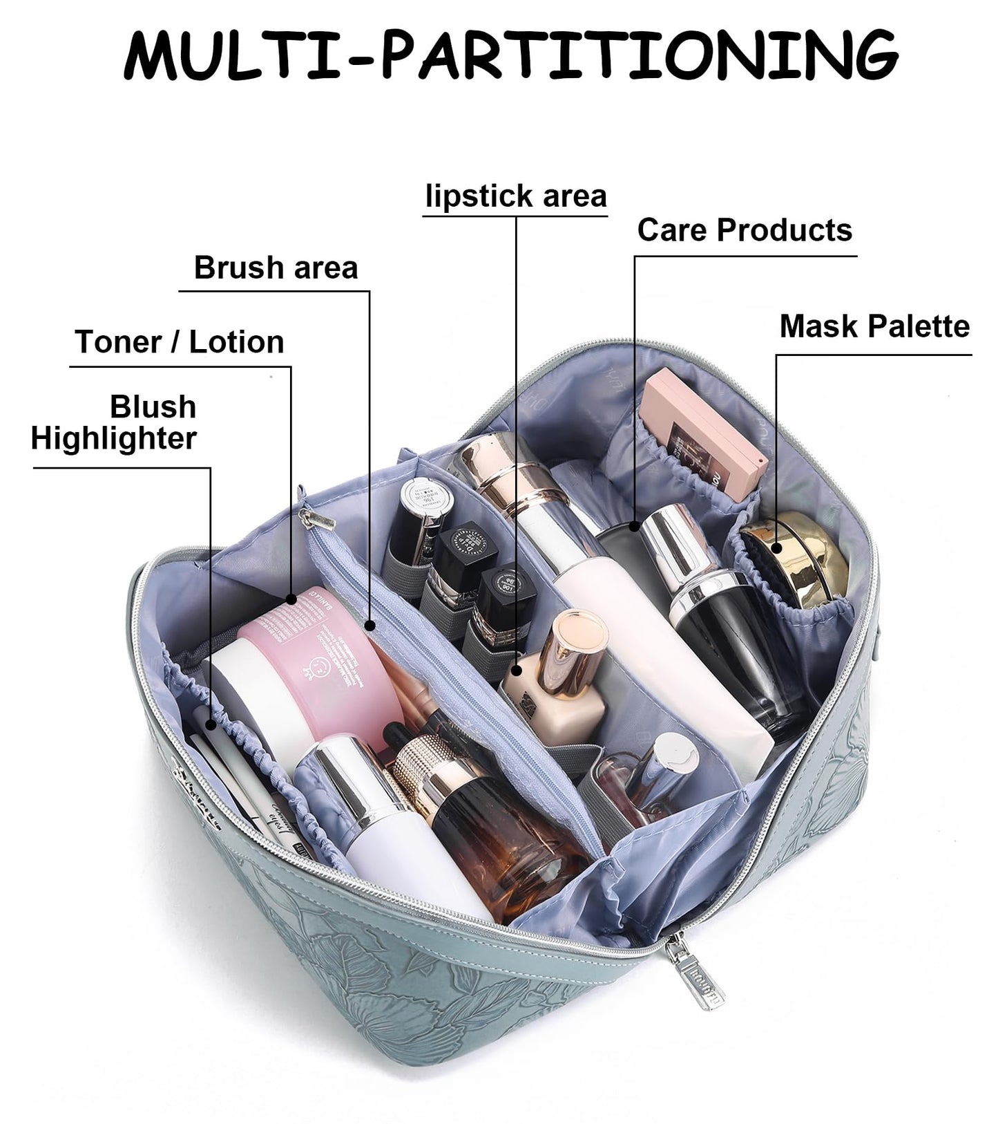 BOYATU Travel Makeup Bags for Women: Vegan Leather Cosmetic Bag Set of 3 - Large Capacity Make up Bag with Divider - Wide Open Waterproof Toiletry Beauty and Personal Care BOYATU