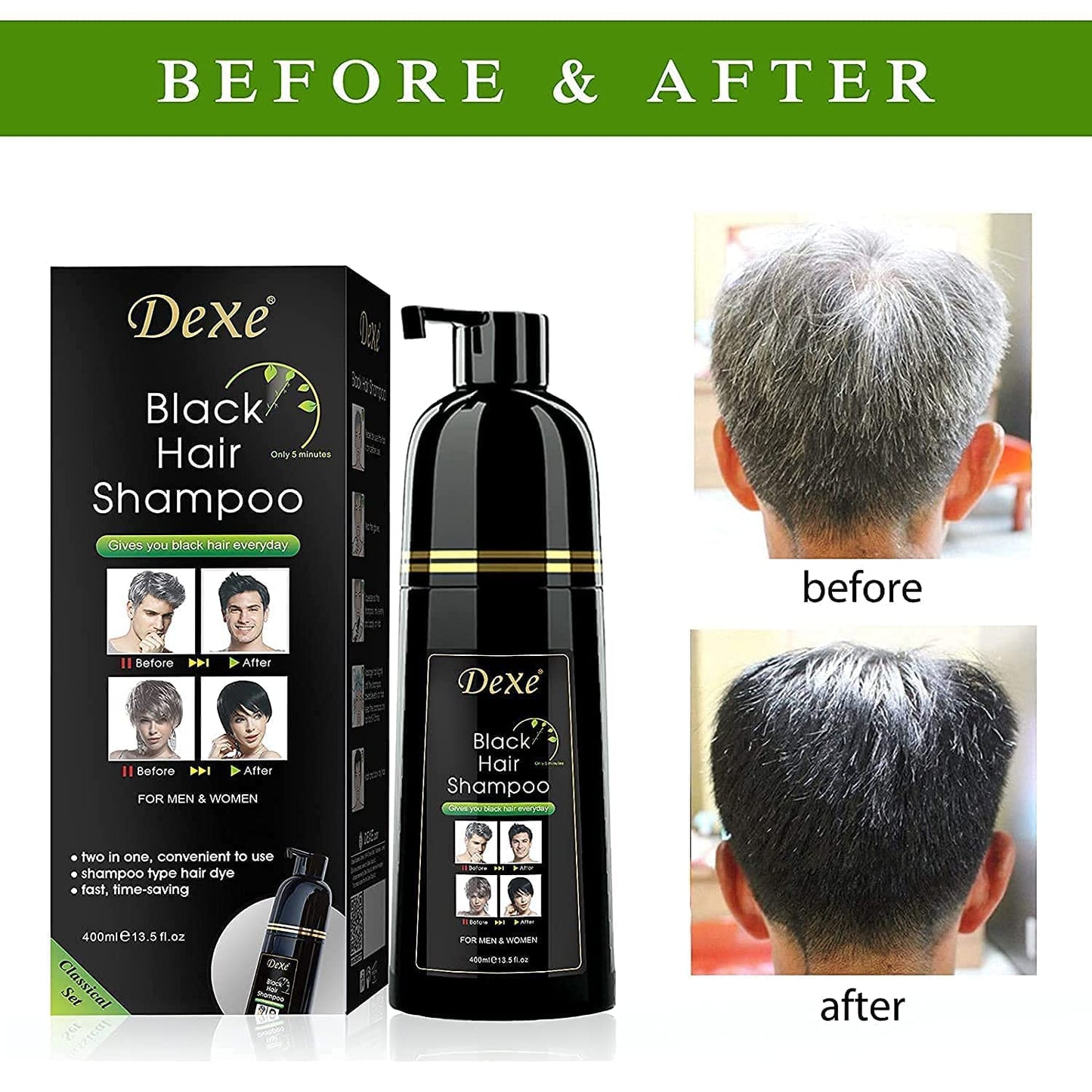 Signature Dexe Black Hair Shampoo 400 ML Instant Hair Blackening Dye for Men Women Black Color - Simple to Use - Lasts 30 Days - Fast Acting Natural