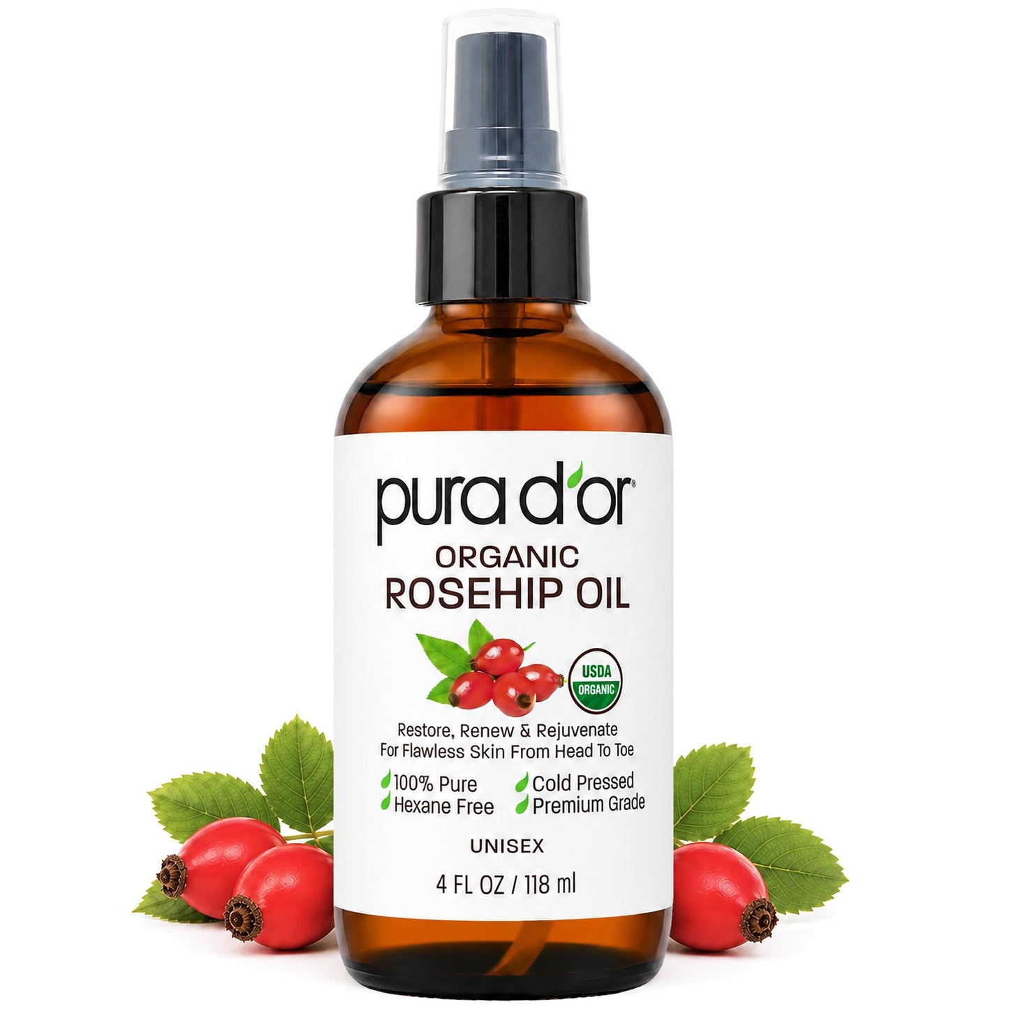 PURA D'OR ORGANIC Rosehip Seed Oil 100% Pure Cold Pressed USDA Certified For Hair, Skin, Scalp, Anti Aging Face & Body - Hexane Free Glass Bottle - 4 Beauty and Personal Care PURA D'OR