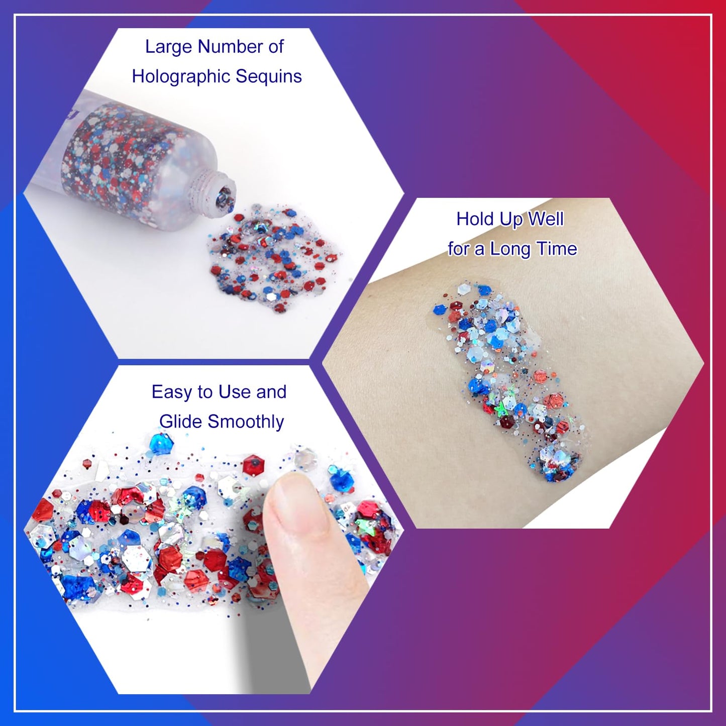 Faglowmify 4th of July Women&Kids Makeup Face Glitter Gel,Fourth of July Red White and Blue Accessories,Sparkle Festival Sparkling Rave