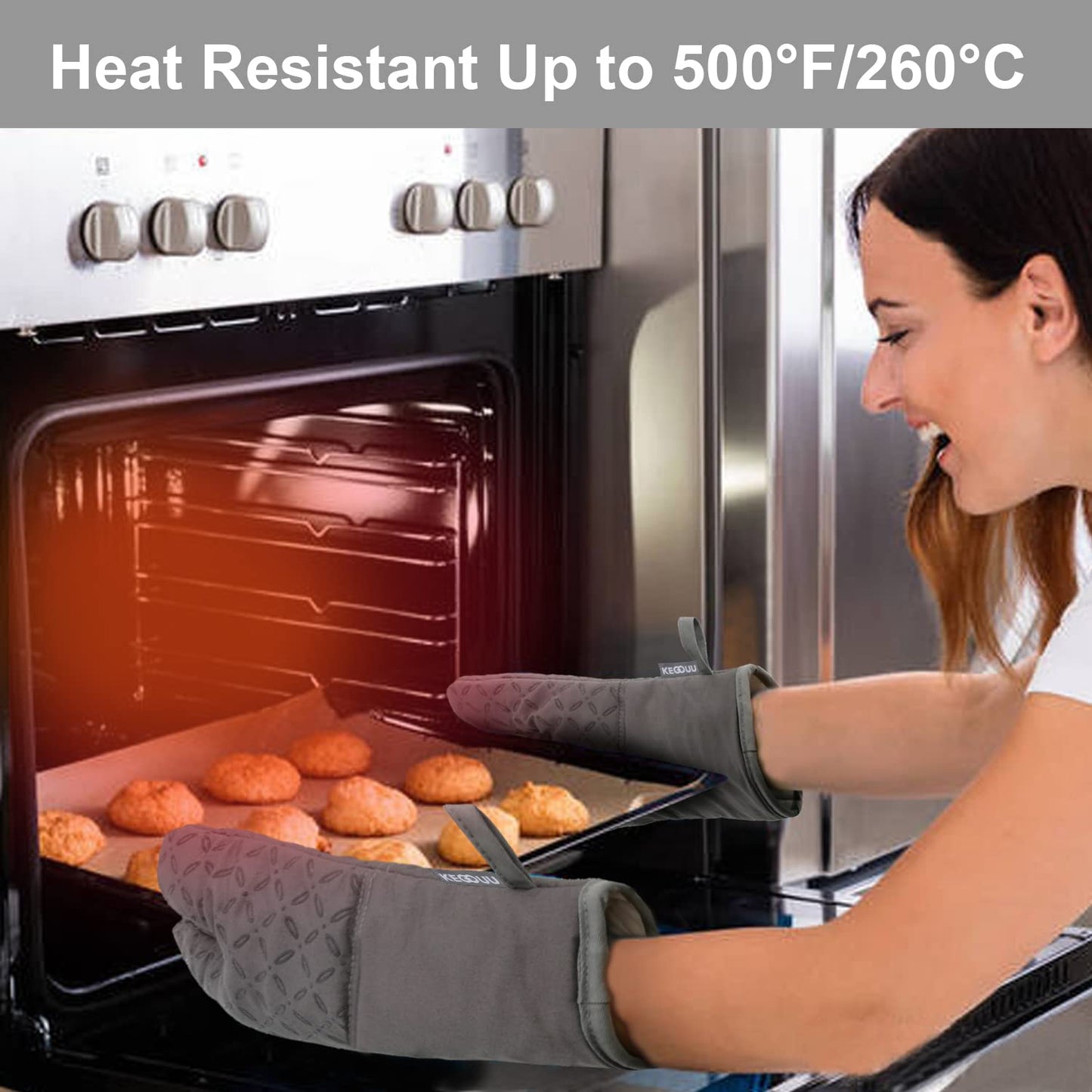 KEGOUU 6-Piece Oven Mitt & Pot Holder Set – 500°F Heat Resistant, Extra Long, Non-Slip Silicone for Cooking, Grey