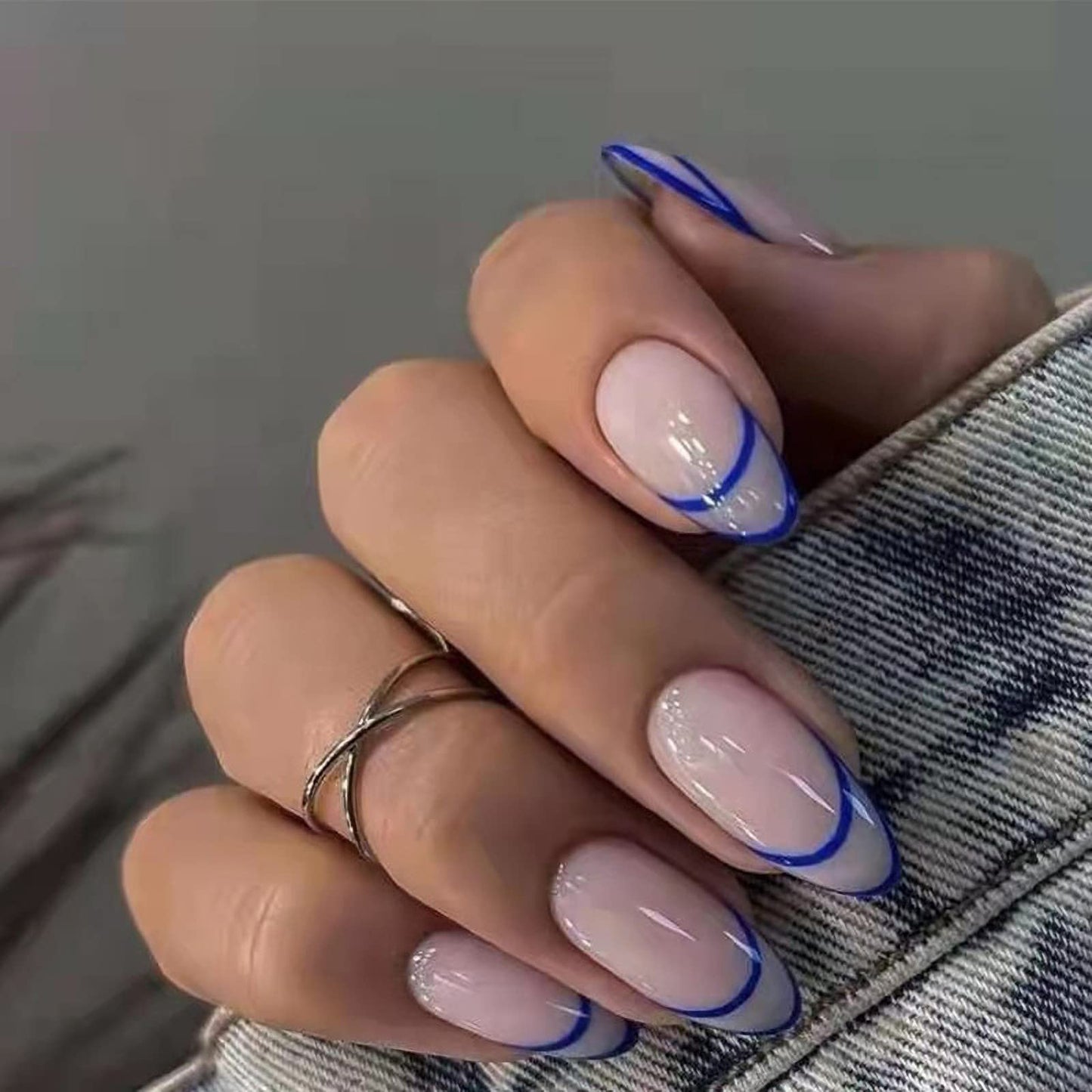 BABALAL Almond Press on Nails Blue French Tip Fake Nails Medium Glue on Nails Glossy Full Cover Design Manicure Acrylic Nails for Women and Girls
