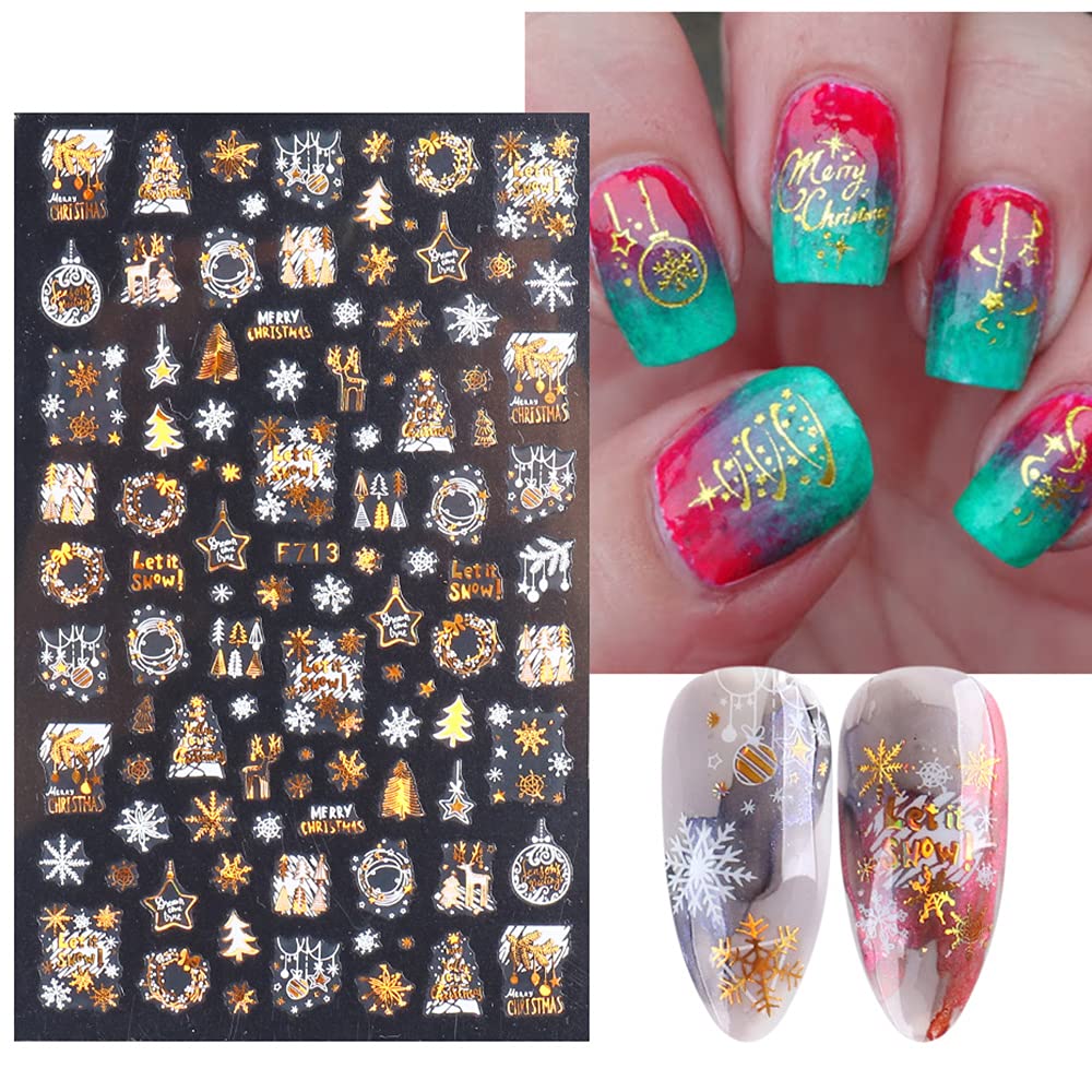 Christmas Nail Stickers, 3D Metal Gold Snowflake Nail Decals White Snowflake Elk Snowman Santa Claus Tree Christmas Bell Xmas Winter Nail Art Design