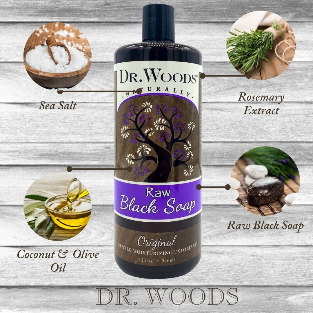 Dr. Woods Raw Liquid Black Soap, Body Wash for Men and Women, Gentle Exfoliant, Natural Cleanser for Face, Hands, and Body - 32 Fl Oz, Pack of 2 Beauty & Personal Care Dr. Woods