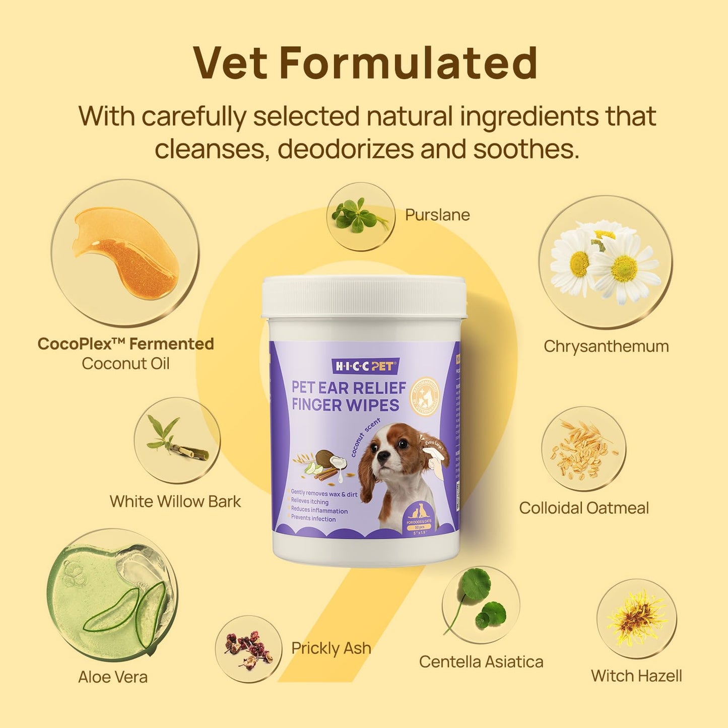 HICC PET Dog Ear Wipes Finger 50 Count - Ear Cleaner Wipes for Dogs & Cats, Relieve Itching, Inflammation, Remove Wax & Dirt, Fresh Coconut Scent