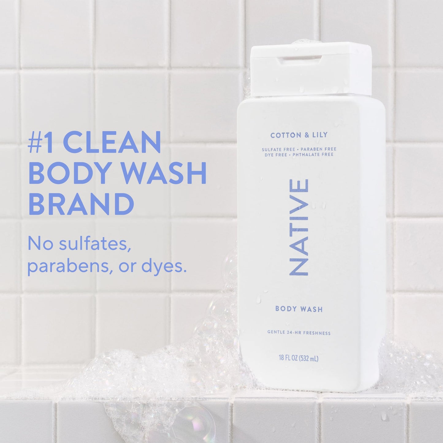 Native Cotton & Lily Scent 24-Hr Refreshing Clean Body Wash for Women & Men, for All Skin Types Incl. Sensitive, Leaves Skin Feeling Clean & Soft