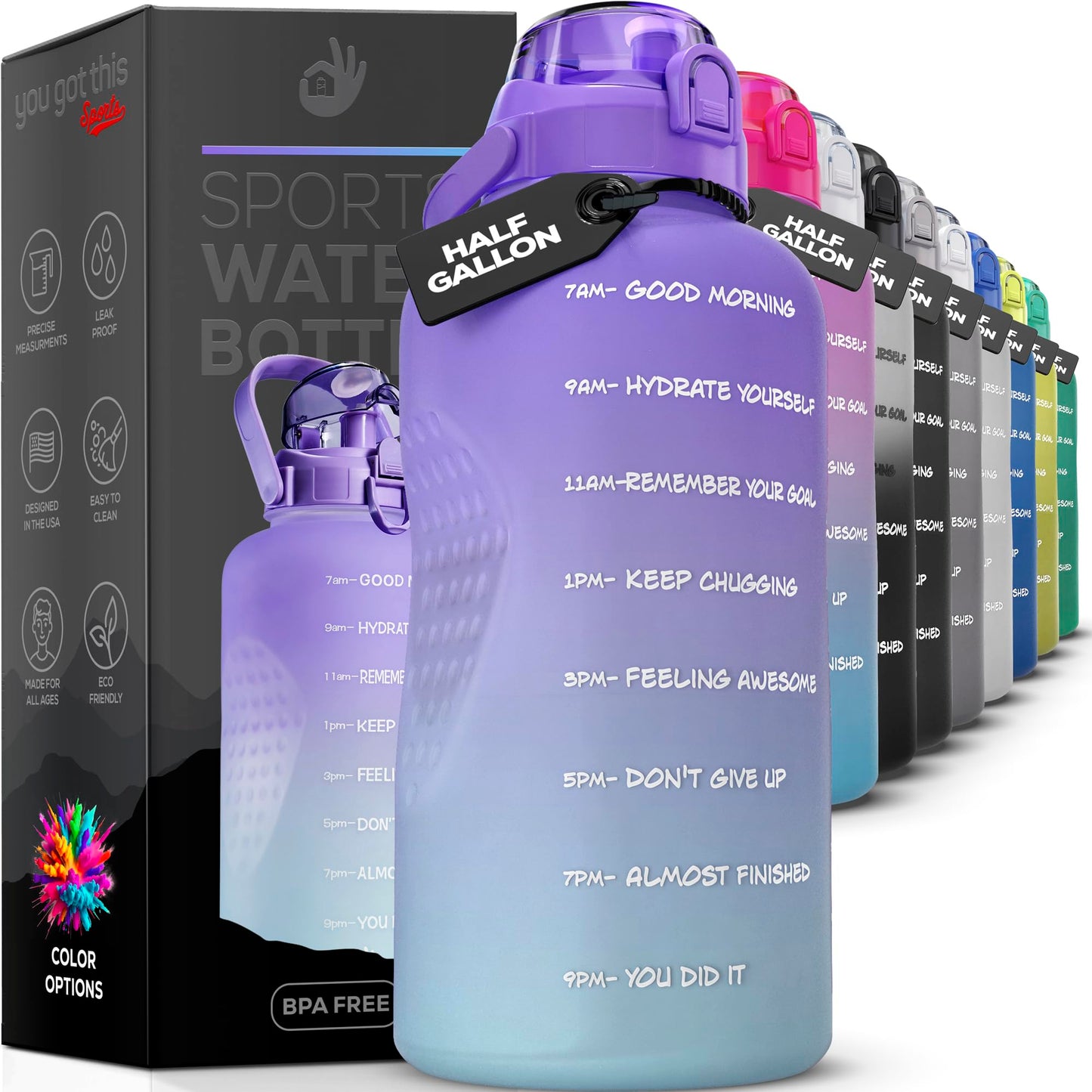 YOU GOT THIS LIVING Motivational Water Bottle with Time Marker,Half Gallon Water bottle with Straw 64 oz/2.2L Gym Water Bottle, Achieve All-Day