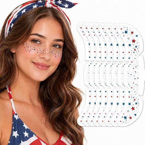 Artlunar 8 Pcs Red White Blue Star Freckle Stickers with Silver Glitter Powder for Face, 4th of July Glitter Face Stickers for Women Kids, Patriotic
