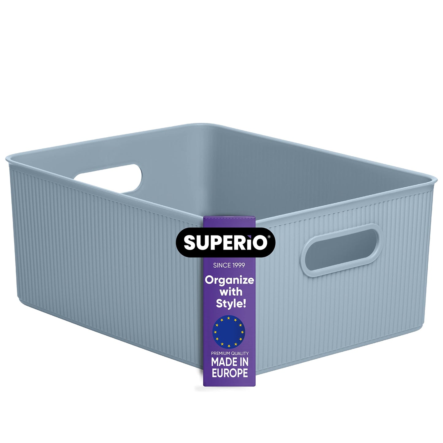 Superio Ribbed Collection - Decorative Plastic Open Home Storage Bins Organizer Baskets, Large Blue (1 Pack) Container Boxes for Organizing Closet…