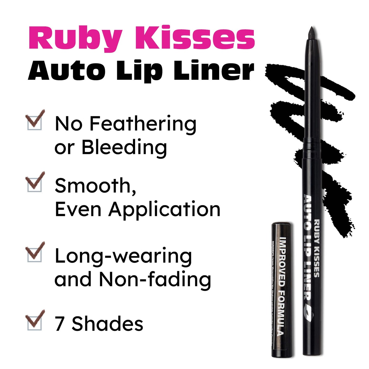 Ruby Kisses Auto Lip Liner Pencil (Black 3 Pack), Long Lasting & Non-Fading, Smooth Application, Non-Feathering with Rich Pigmented Color, No