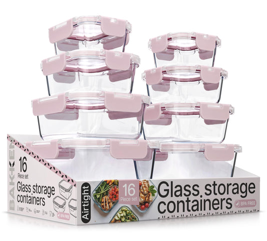 Bakken Borosilicate Glass Food Storage Containers with Lids 16 Pieces, BPA-Free Stackable Lunch & Leftover Containers, Microwave, Freezer…