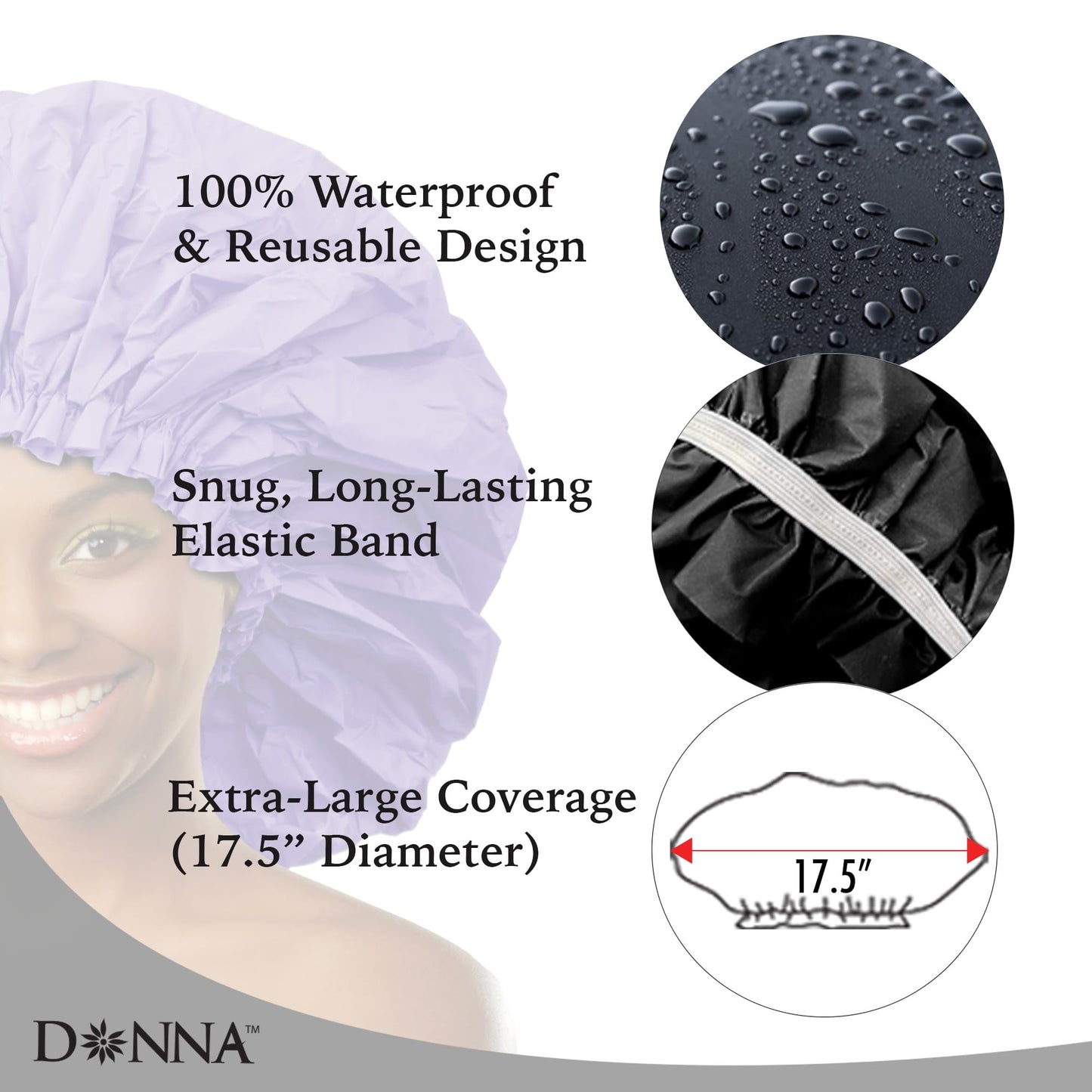 DONNA Super Jumbo Shower Cap - Comfortable Elastic Band, 100% Waterproof Hair Cap for Long Hair, Braids & Thick Styles, Reusable Big Shower Cap