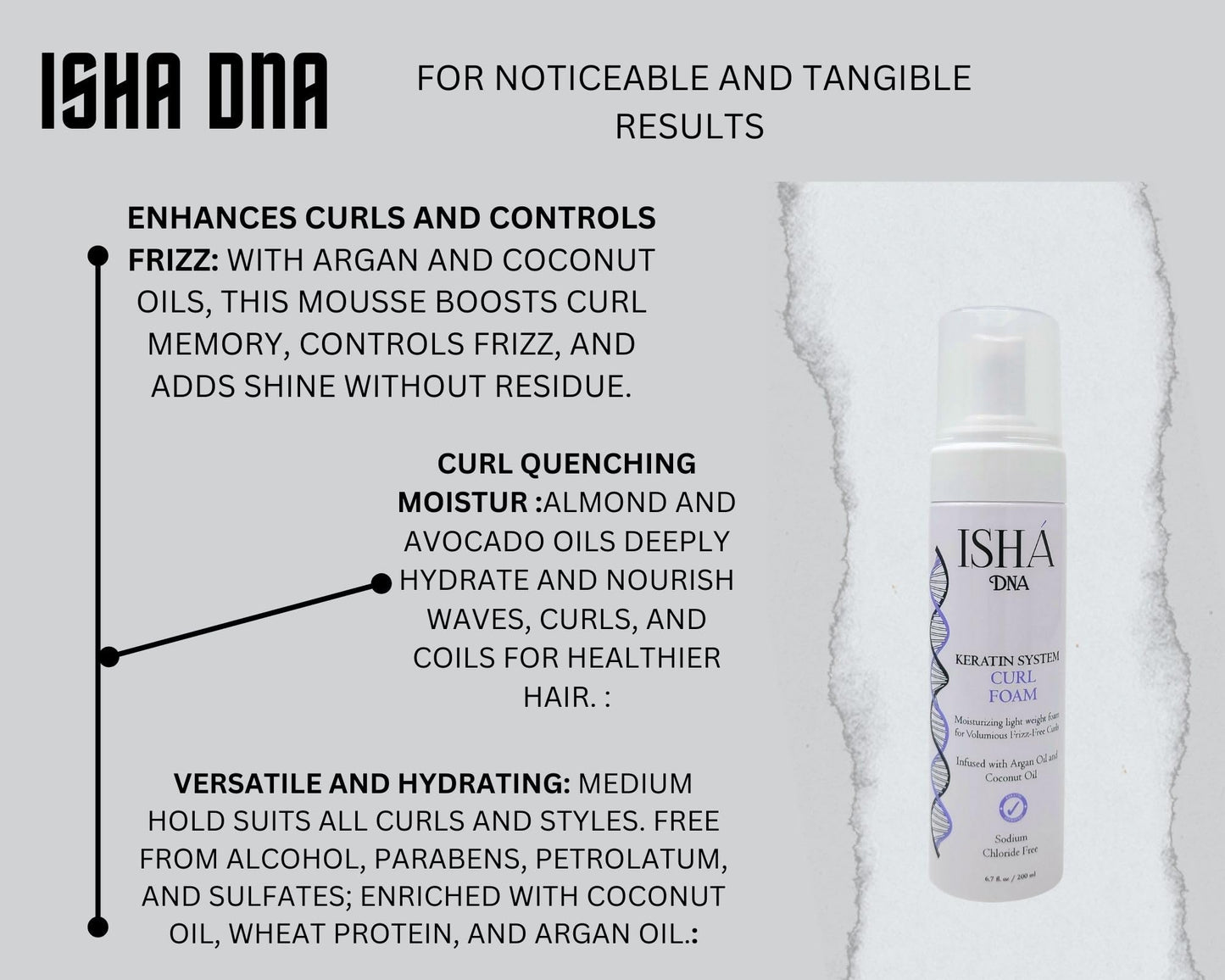 ISHA DNA Keratin System Curl Mousse - Volumizing Curl Enhancer for Wavy or Frizz-Free Curls - Sulfate-Free with Argan and Coconut Oil